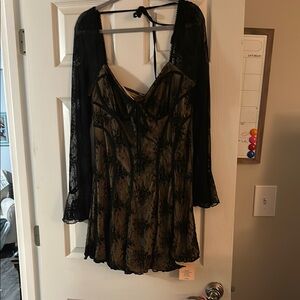 SHEIN Black and Tan Lace Overlay Dress